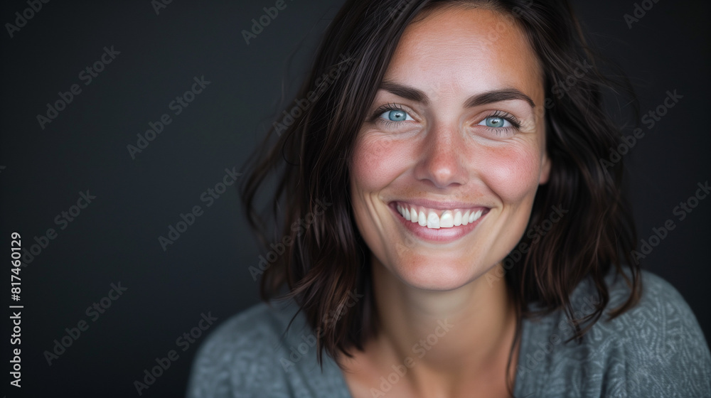 Naklejka premium Portrait of a smiling woman with dark hair and blue eyes, standing against a black background, capturing detailed facial expressions of happiness and contentment. 