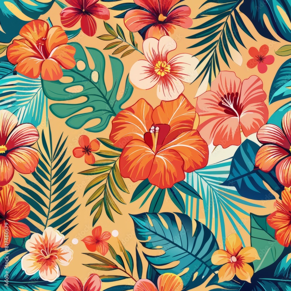 Seamless pattern of Hawaiian-inspired hibiscus and palm leaf motifs in tropical colors, perfect for a summery and beach-themed gift wrap, Generative AI Seamless pattern of Hawaiian-inspired hibiscus and palm leaf motifs in tropical colors, perfect for a summery and beach-themed gift wrap, Generative AI