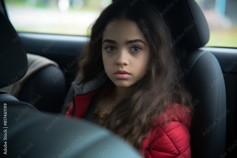 cute girl on car back seat, looking at the camera with a serious look cute girl on car back seat, looking at the camera with a serious look