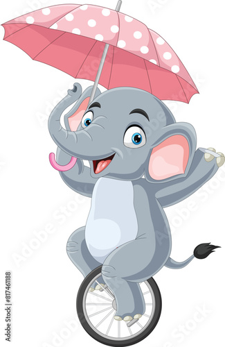 Cartoon elephant holding umbrella and riding one wheel bike  (ID: 817461188)