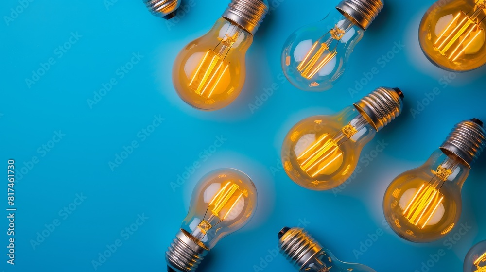 Energy Efficiency Concept: Close-Up of LED and Edison Lamps on Isolated Blue Background Energy Efficiency Concept: Close-Up of LED and Edison Lamps on Isolated Blue Background