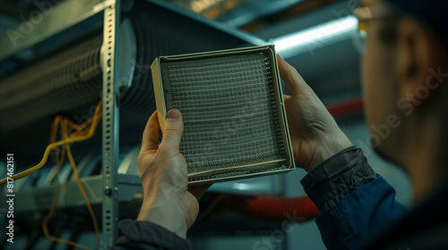 Close-up of a man holding an air filter in his hands. The filter is dirty and needs to be replaced
