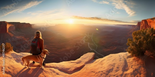 female traveller and dog viewing canyon landscape at sunset panoramic #817462317