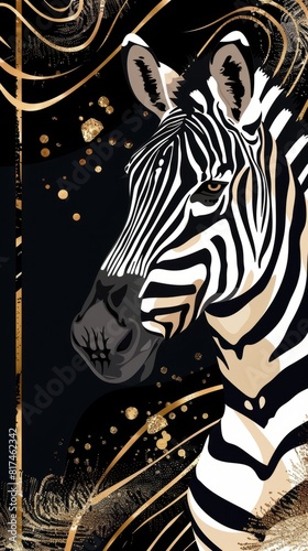A zebra featuring art deco-inspired gold and black swirls on a black background