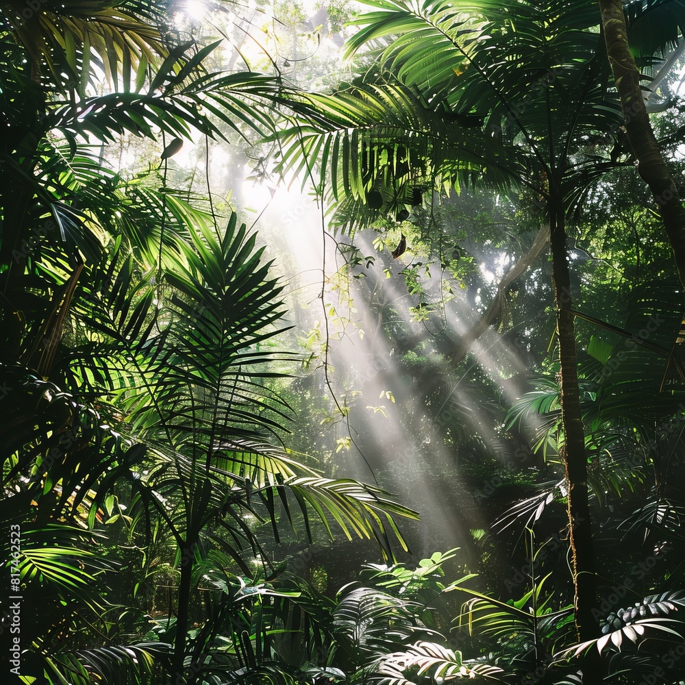 Naklejka premium Sunlight shining through the jungle canopy
