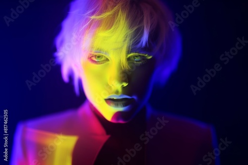 futuristic portrait on the move of young woman with yellow hair and purple face. neon lighting and trendy colours  mock-up for your design with copy space.