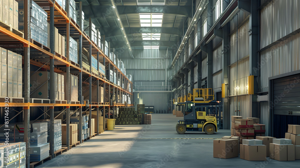 Spacious Industrial Warehouse with Yellow Forklift Arranging Boxes Spacious Industrial Warehouse with Yellow Forklift Arranging Boxes