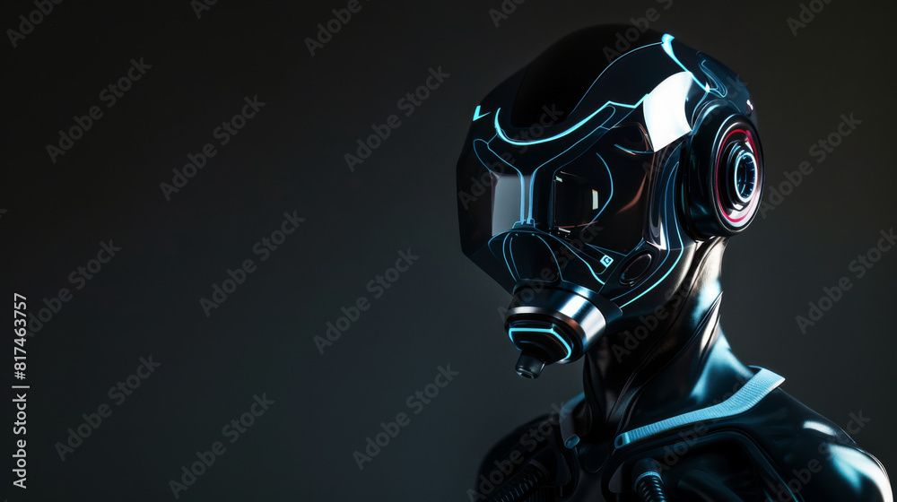 A futuristic figure with a sleek chemical mask blending into the shadows A futuristic figure with a sleek chemical mask blending into the shadows