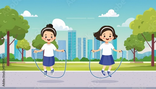 Two young girls jumping rope in a park photo