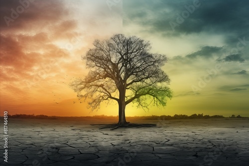 The tree standing on a dry field with a colorful sunset background,
