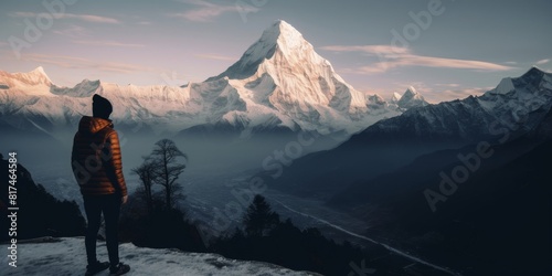 man on top of poon hill in nepal photo