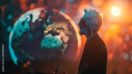 Environmentalist presenting at a conference on sustainability criteria, close up on the speaker, energetic and vivid colors, double exposure silhouette with the Earth