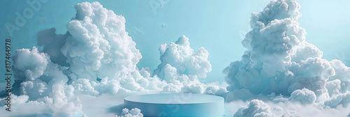 Blue Abstract 3D Podium Floating on Dreamy Cloud Background in a Minimal Studio Scene photo