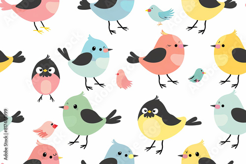 Seamless pattern of Cartoon Chickadees in Vibrant Poses  A Cheerful Illustrated Grid Arrangement