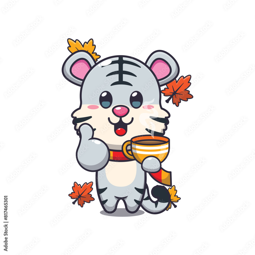 Cute white tiger with coffee in autumn season Cute white tiger with coffee in autumn season