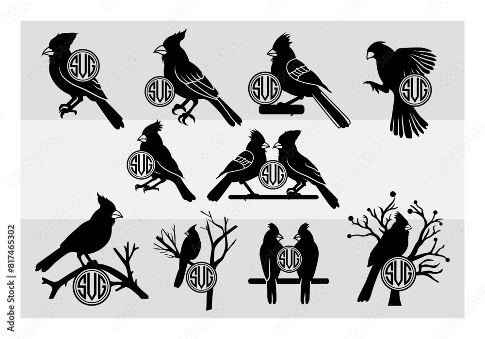 Naklejka premium Cardinal Circle Monogram Svg, Cardinal Silhouette, Bird Svg, Red Cardinal, Cardinal Png, Red Birds Meaning, Red Bird, Vector, Cricut, Split Monogram,