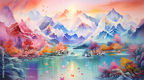 watercolor in blue and pink mountains landscape illustration abstract background decorative painting
