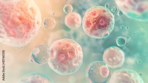 A beautiful and detailed microscopic view of a group of healthy human cells. The cells are pink and the background is a light blue. The cells are round and have a smooth surface.