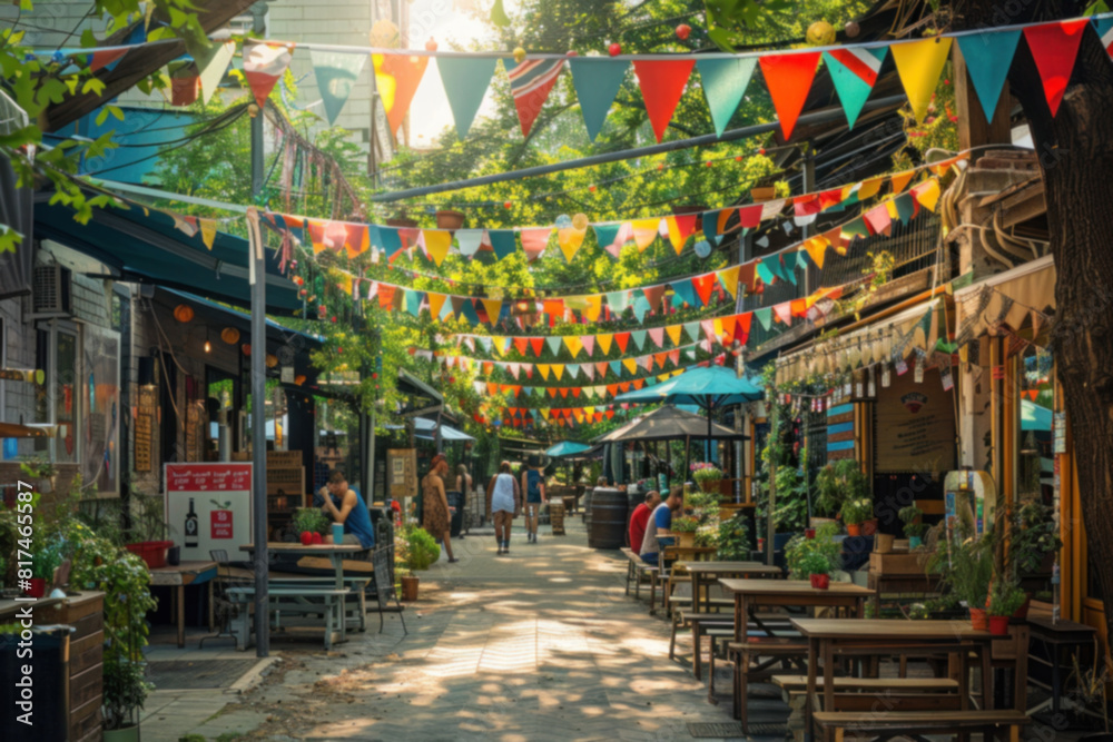 Vibrant street adorned with colorful bunting and bustling with activity in an urban outdoor dining area during the day.