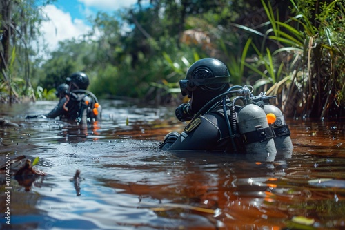 A team of scuba divers exploring underwater  equipped with masks  fins  and tanks  surrounded by the blue ocean