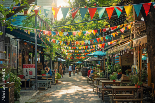 Vibrant street adorned with colorful bunting and bustling with activity in an urban outdoor dining area during the day.
