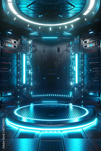 a futuristic room with a circular stage in the middle of it