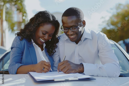 Young African-American couple signing documents on a car hood, finalizing a purchase or agreement with smiles and confidence. photo
