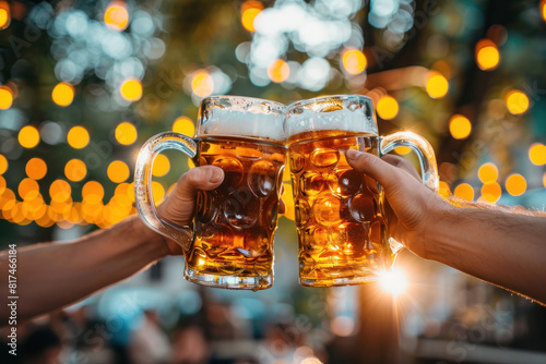 Friends toasting with large beer mugs under twinkling lights at an outdoor event, celebrating camaraderie and good times.