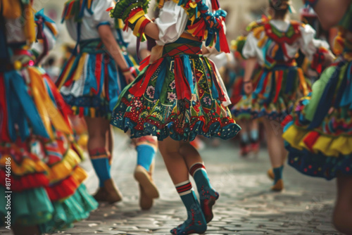 Traditional dancers in colorful costumes performing a lively folk dance at a cultural festival, showcasing heritage and craftsmanship.