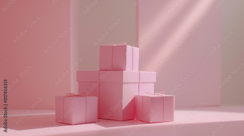 Pink gift boxes on a soft pastel background with subtle lighting in the afternoon. Pink gift boxes on a soft pastel background with subtle lighting in the afternoon.