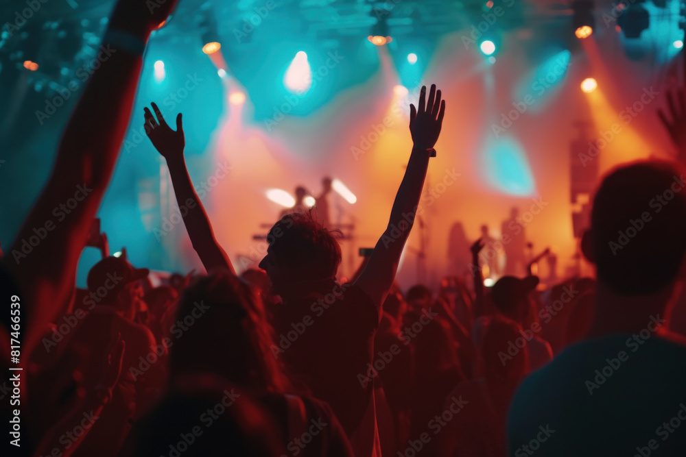 Energetic crowd with raised hands enjoying a live concert, immersed in the vibrant lights and music atmosphere.