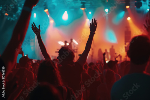 Energetic crowd with raised hands enjoying a live concert, immersed in the vibrant lights and music atmosphere.