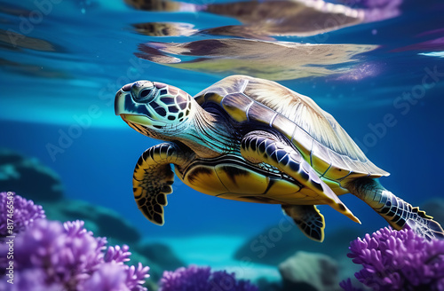 A large sea turtle swims underwater among the corals. The concept of turtle protection and ocean conservation