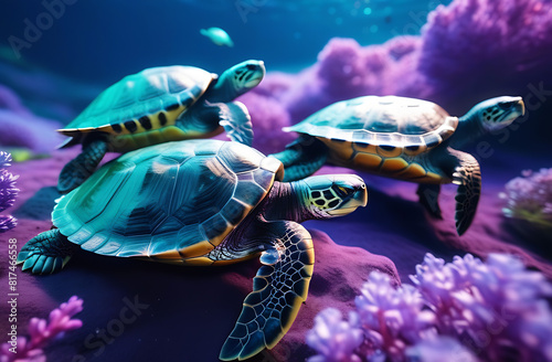 Sea turtles swim among the corals underwater. Turtles swim in the ocean