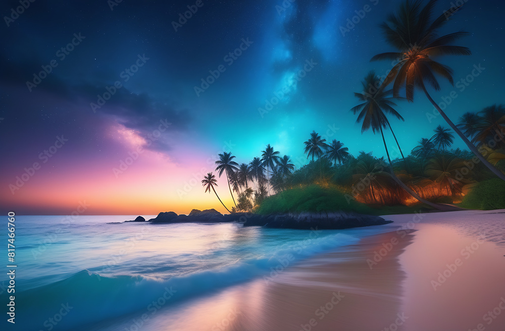 The starry night sky after sunset over a tropical island. Beautiful bay and beach in the evening against the background of space