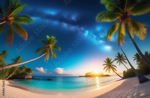 The cosmic sky at sunset over a tropical island. A beautiful beach with tall palm trees on the background of the galaxy and stars. Fantastic background of the starry sky over the ocean