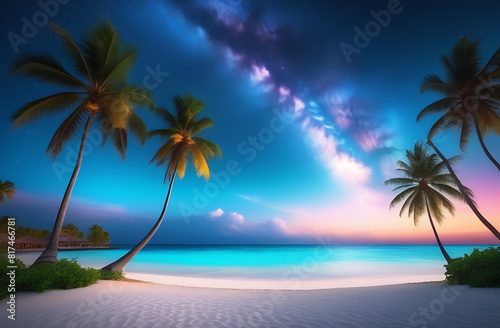The cosmic starry sky over the ocean. A fantastic sunset over a tropical island. A beautiful beach against the background of space and the galaxy