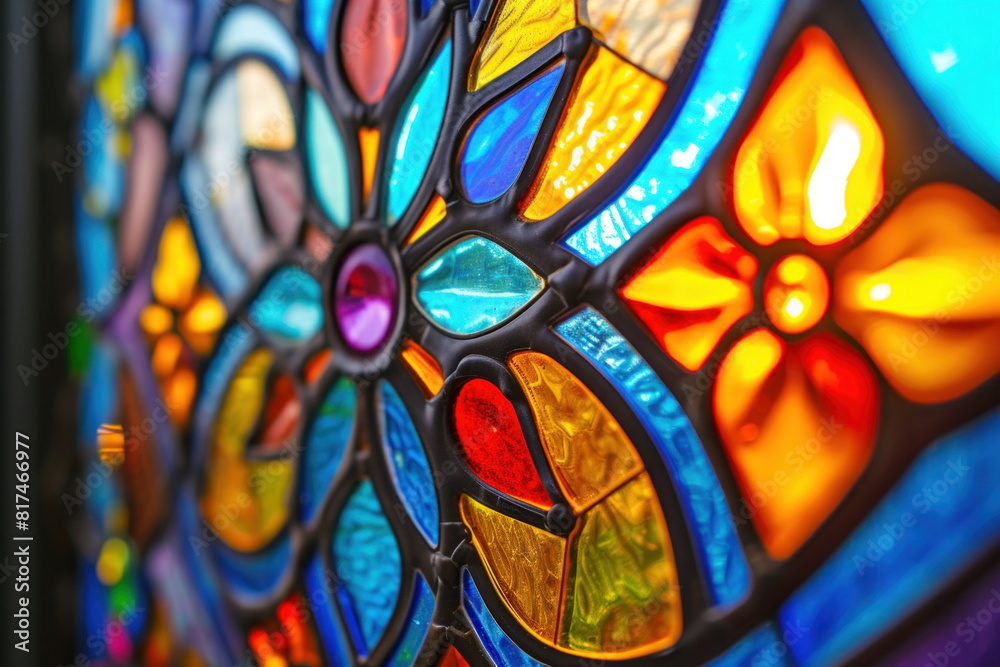Close-up of a stained glass window, showcasing a kaleidoscope of vivid colors and intricate patterns that radiate light and artistry.