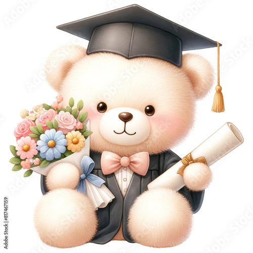 A cute watercolor teddy bear wearing a graduation cap and gown, holding a diploma and flowers, Isolated on transparent background