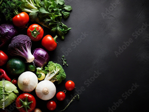 Fresh vegetables on a black background Top view Free space for text