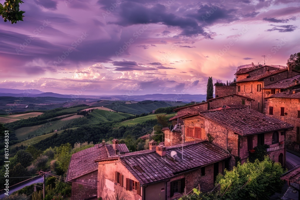 A charming village nestled in a valley, with cozy cottages and winding streets under a dreamy purple sky, Generative AI A charming village nestled in a valley, with cozy cottages and winding streets under a dreamy purple sky, Generative AI
