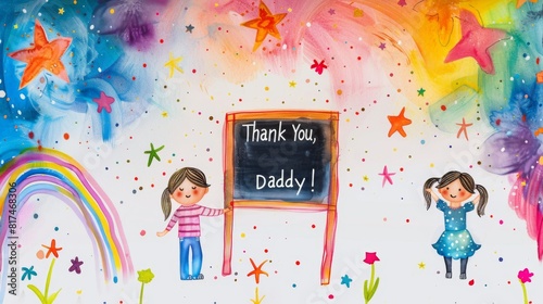 A vibrant and whimsical drawing featuring two children, a rainbow, and a blackboard with the words Thank You, Daddy photo