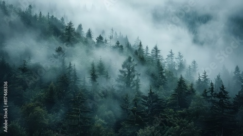 A dense forest shrouded in mist, creating a mystical and serene atmosphere © Chananporn