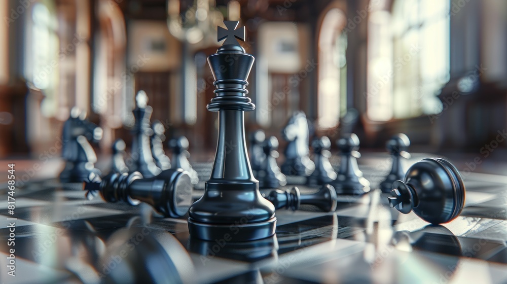 a chess board with several chess pieces made of metallic material with the King standing upright a chess board with several chess pieces made of metallic material with the King standing upright