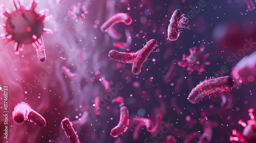 3D illustration showing virus particles and Y-shaped antibodies in a dynamic, close-up view, using vibrant colors on a dark background photo