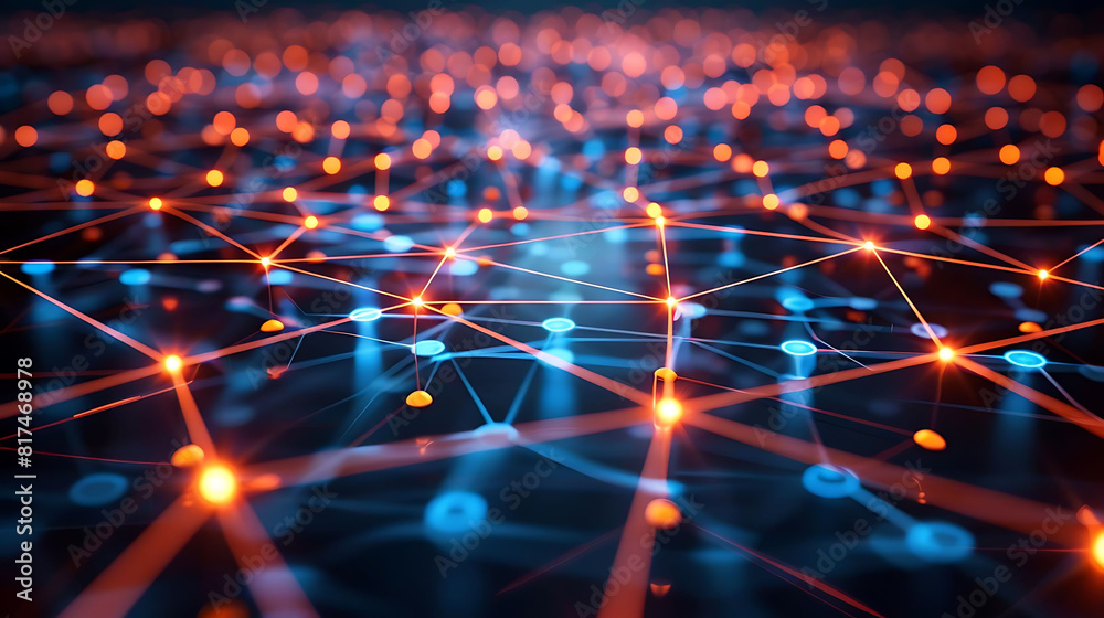 abstract digital network connections with glowing lines, featuring a red and orange light and a blue light abstract digital network connections with glowing lines, featuring a red and orange light and a blue light