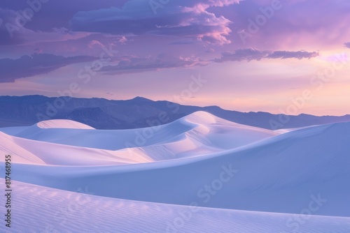 A desert landscape with towering sand dunes, bathed in the soft light of a purple twilight sky, Generative AI