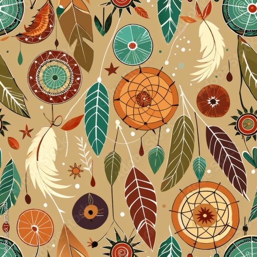 eamless pattern of Native American-inspired dreamcatcher and feather motifs in earthy tones, perfect for a rustic and natural gift wrap, Generative AI photo