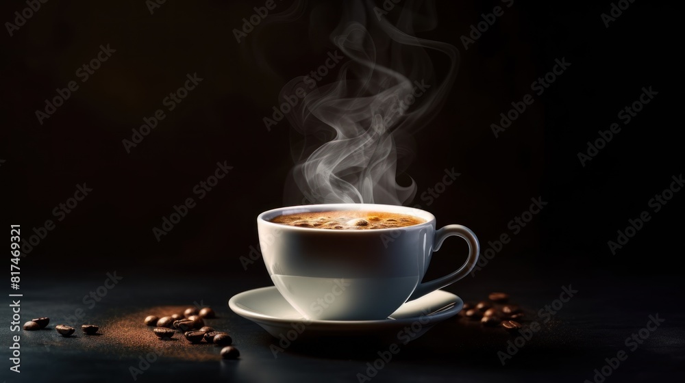 a cup of black coffee on a small plate, placed on a dark surface. The coffee looked very hot, indicated by smoke billowing out of the cup. a cup of black coffee on a small plate, placed on a dark surface. The coffee looked very hot, indicated by smoke billowing out of the cup.