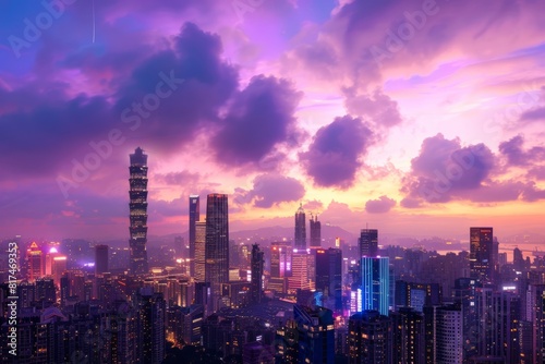 A futuristic city skyline with skyscrapers reaching towards a vibrant purple sky at dusk  Generative AI 